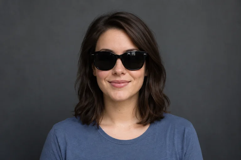 Woman wearing dark sunglasses that hide her eyes.